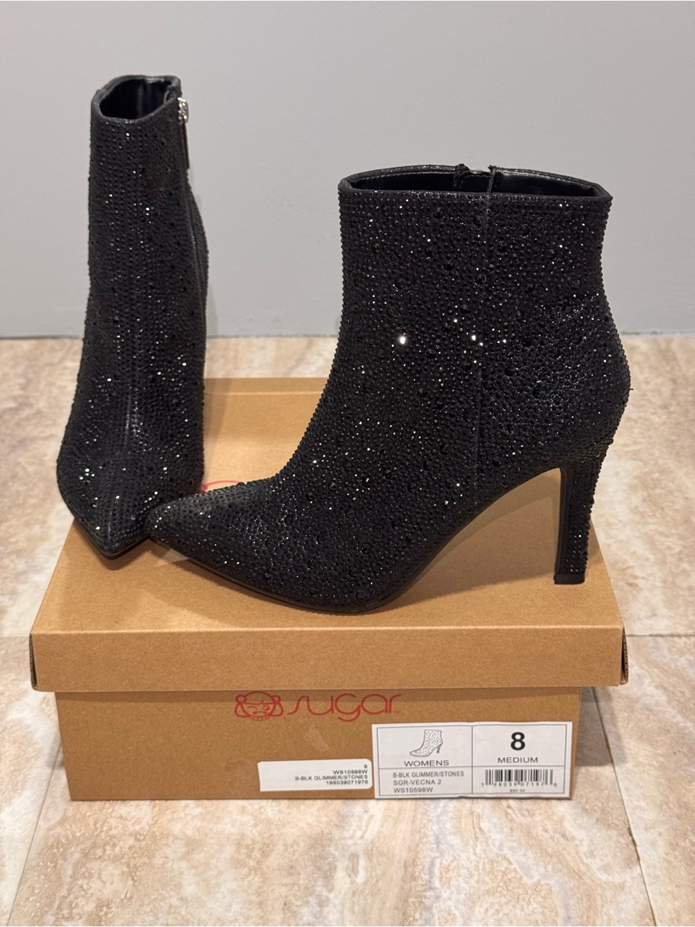 Sugar Black Crystal-Embellished Pointed Toe Ankle Booties